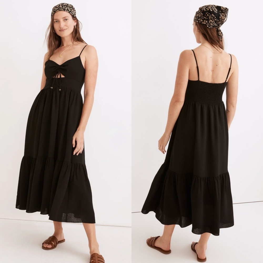 Madewell Black Tiered Midi Sundress with Tie Front
